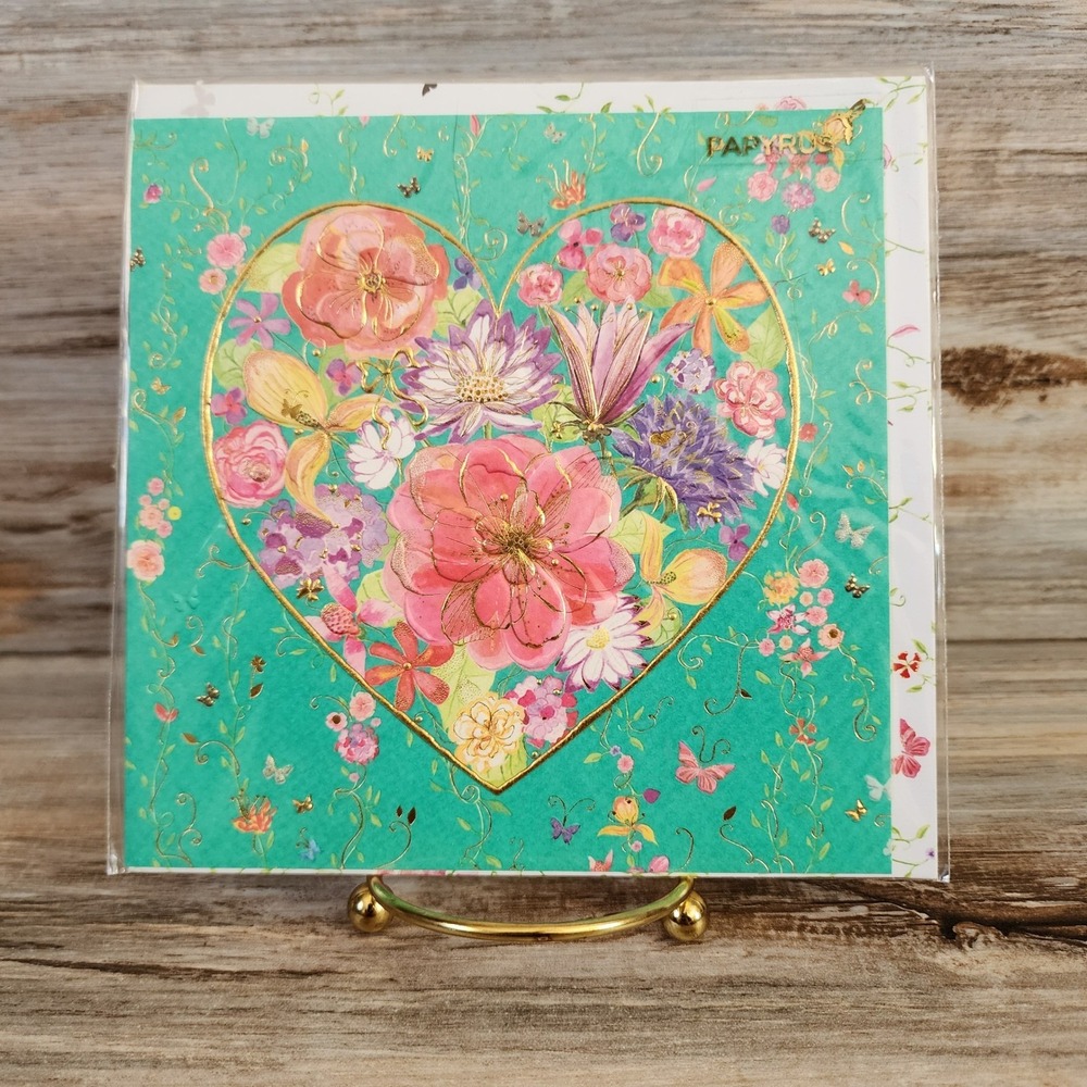 Papyrus Turnowsky Floral Heart Birthday Card Teal Gold Foil Glitter SSQ 6057T